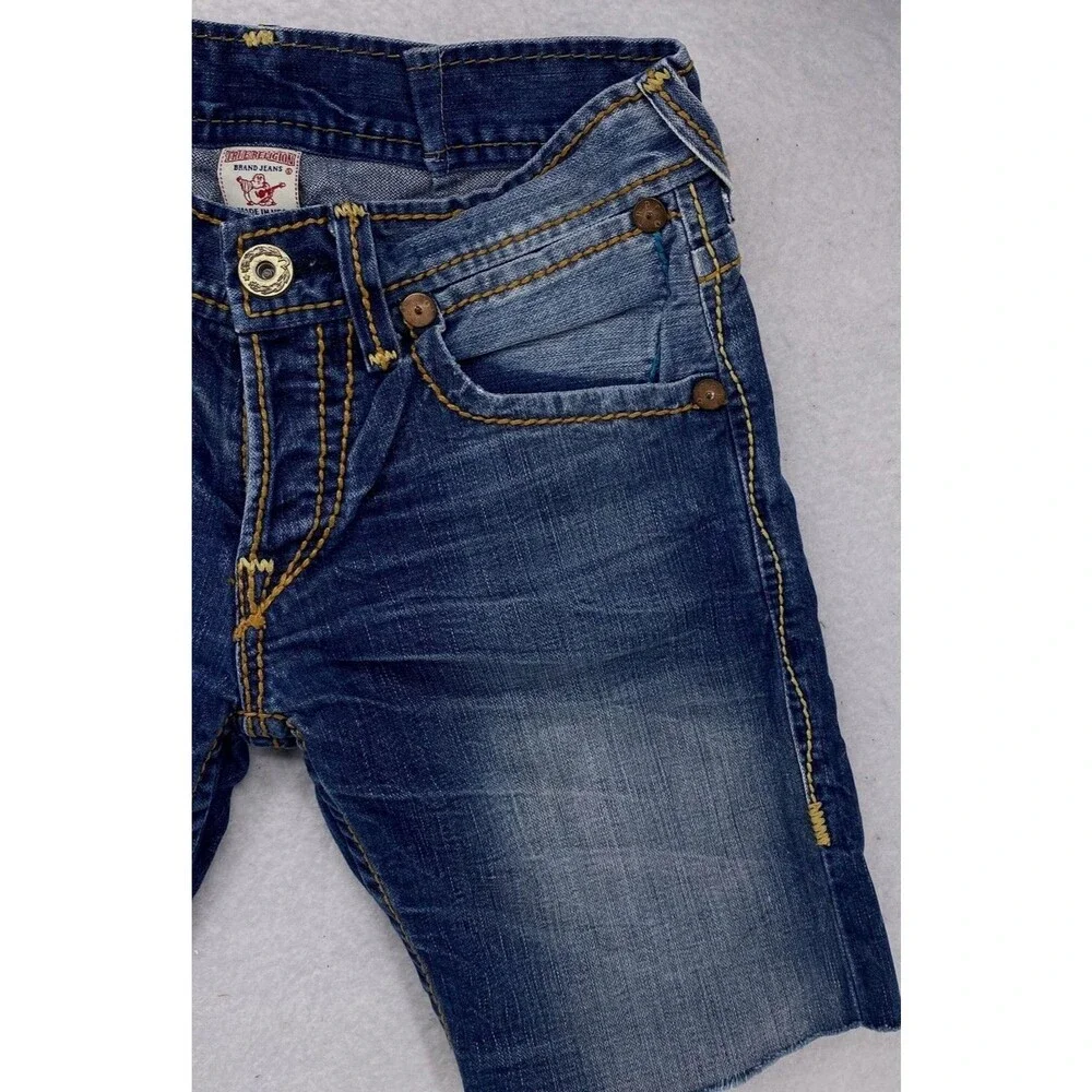 True Religion Mens Ricky Giant Big T Cut Off Jean Shorts Denim Size 30 Made USA